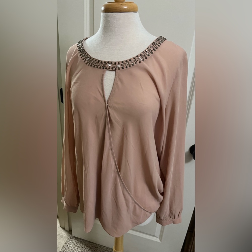 Marine Blu, beautiful crepe blouse w/detailing perfect for a special occasion.